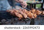Small photo of A man grills meat kebabs on an open fire on a summer day in the backyard of a private house.