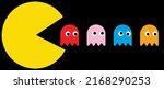 Pac-man characters set. Retro video game. Blinky, Pinky, Inky, Clyde. Editorial illustration isolated on black background