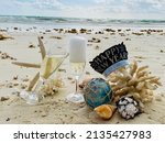 New Years at the Beach 2022 Champagne, wine, seashells, coral, NYE