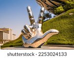 Small photo of Dubai, UAE - September 2, 2022: Sheikh Mohammed's Three-Finger Salute sculpture at Sheikh Zayed road