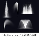Fountain water jets and splashes, isolated realistic 3d vector waterfall and stream spray. Fountain water jets silhouettes, dancing fountain cascade or geyser and spring eruption