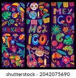 mexican cartoon banners  guitar ... | Shutterstock .eps vector #2042075690