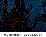 Forecast weather isobar map, meteorology wind front and temperature diagram, vector background. Weather forecast and climate generic system map with cyclone and anticyclone wind in graphic chart