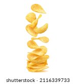 Stack, pile and heap of wavy crispy potato chips, salty snack food or crisps. Realistic vector spicy slices of fried potato vegetable falling in stack, 3d golden chips, appetizer or crisps portion