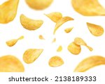 Flying and falling crispy wavy potato chips realistic vector background. Thin crunchy slices of fried potato vegetable with salt and spices 3d backdrop of fast food snacks and crisps