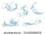 Transparent blue water splashes and wave with drops. Vector liquid splashing fluids with droplets, isolated realistic 3d elements, transparent fresh drink, clear aqua falling or pour with air bubbles