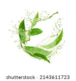 Green water wave splash with tea leaves. Realistic vector herbal tea drink flow or matcha swirl with ripple texture, falling drops and droplets, cold green tea beverage flavored with fresh mint leaves