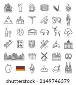 Germany landmarks, food, industry and travel outline icons. Vector German flag and map, Oktoberfest beer, sausages, Bavarian costume, pretzel and hunting hat, Berlin architecture, heraldic eagle