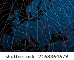 Forecast weather isobar night map of Europe, wind fronts and temperature vector diagram. Meteorology climate and weather forecast isobar of Europe, cold and warm cyclone or atmospheric pressure chart