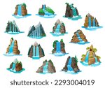 Waterfall and water cascades, game asset for cartoon levels, vector GUI nature landscape. Waterfall and cascades from mountain river or island rock hill, forest lakes of fantasy game asset