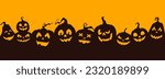 Halloween pumpkin silhouettes. Creepy Jack o lanterns, pumpkin carving evil smiling faces with sharp teeth. Halloween holiday vector background, backdrop or panorama wallpaper