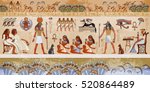 Ancient egypt scene. Hieroglyphic carvings on the exterior walls of an ancient egyptian temple. Grunge ancient Egypt background. Hand drawn Egyptian gods and pharaohs. Murals ancient Egypt