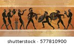 Ancient Greece scene. Black figure pottery. Ancient Greek mythology. Warriors Sparta people, gods 