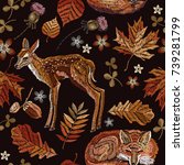 embroidery deer and fox  autumn ... | Shutterstock .eps vector #739281799