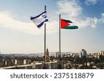 flags of Palestine and Israel against sky and old Jerusalem. Two States for two peoples. Two-state solution concept. Separate ownership of Jerusalem. The division of the city between two peoples.
