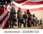 A group of migrants and flag of USA