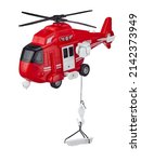 Red toy rescue helicopter with a rescue cradle on a cord, isolated on a white background. Rescue and evacuation from hard-to-reach places. High quality photo.