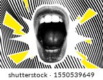 Open Screaming Mouth On A Striped Background. Bright vector collage with universal graphic Elements, Geometric Shapes, Dotted Halftone Object for your design
