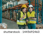 Small photo of group of concentrated female workers using digital tablet in warehouse. two girl employees in helmet and safety vest discussing how to work in large stockroom. partners teamwork lifestyle concept.