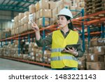 Small photo of warehouse worker woman in safety vests holding digital tablet and pointing up with finger. young girl staff wearing hard hat working in stockroom. elegant lady employee taking inventory in storehouse