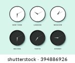 Set of day and night clock for time zones different cities. Black and white watch on a menthol background. Vector Illustration