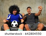 asian friend cheering soccer in ... | Shutterstock . vector #642804550