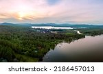 Small photo of Aerial view of Speculator, New York with Lake Pleasant in the front. July 11, 2022