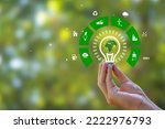 Small photo of Renewable Energy. Hand holding light bulb and have green world map with icons energy sources for renewable, sustainable development. green energy concept energy sources sustainable Ecology Elements.