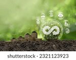 Small photo of The green globe with circular economy icons and stack of coins. The concept of eternity, endless and unlimited, circular economy for future growth of business and environment sustainable.