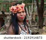 Small photo of Portrait of an Embera woman with a traditional tattoo. Darian, Panana, May 10, 2022
