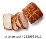 sliced juicy roast pork isolated on white background, top view