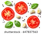 tomato, garlic and basil isolated on white background, top view