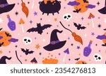 Cute Halloween seamless pattern. Magic cauldron, hat, mushrooms, poison, hat witch, bat, skull. Pink background. Kids print.