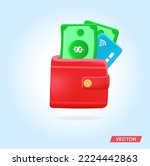 Red wallet with credit card and money. Paper banknotes, credit card, red wallet. 3d vector in high quality.	