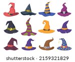 Cartoon witch hats, Halloween party costume elements. Wizard striped and spooky decorated hats vector symbols illustrations set. Halloween witchcraft party collection