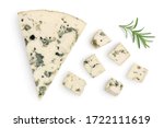 Small photo of diced Blue cheese with rosemary isolated on white background with clipping path and full depth of field. Top view. Flat lay.