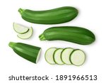 Fresh whole zucchini isolated on white background with clipping path and full depth of field, Top view. Flat lay