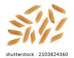 Wholegrain penne pasta from durum wheat isolated on white background with clipping path and full depth of field. Top view. Flat lay,