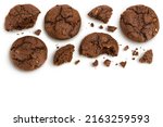 chocolate cookies broken isolated on white background with full depth of field. Top view with copy space for your text. Flat lay