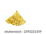 Small photo of corn tortilla chips isolated on a white background (cut out masa chip for dipping) restaurant style crunchy toasted yellow, white nixtamalized hominy (mexican food, totopos)