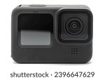 black action camera (4k sports, travel cam) isolated on white background (cut out macro detail)
