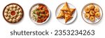 Small photo of Set of Indian foods, top view, isolated on white background. momos, butter chicken curry and rice. samosas, pani puri on plate. Asian food set collection top view. Indian and Pakistani food collection