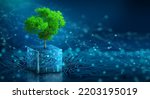 Small photo of Tree growing on Circuit Digital Cube. Digital and Technology Convergence. Blue light and Wireframe network background. Green Computing, Green Technology, Green IT, csr, and IT ethics Concept.