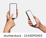 Hand holding the black smartphone phone with blank screen and modern frameless design, hold Mobile phone on transparent background Ideal for marketing, app design, UI and UX - include clipping path.