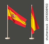 Two flags of Spain on a neutral background - one fluttering on a flagpole, the other twisted tabletop. 3D rendering. Layout. Blank for design. Isolated.