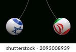 Balls on ropes in the colors of the national flags of Israel and Iran are directed towards each other against a neutral background. 3D rendering. Blank for design. Layout. Policy concept.