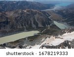 Aerial view of Hooker Lake,Mueller Glacial Lake and Lake Pukaki in Mount Cook National Park on South Island of New Zealand
