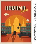 Cuba Havana retro style poster. Cuba is a country of the dance people. Old architecture city.	