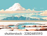 Salt flats with mirages and distant horizons. Seascape with mountains and lake. Vector illustration in flat style