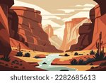 Canyon with a river running through it. Desert landscape with cactus and river. Vector cartoon illustration